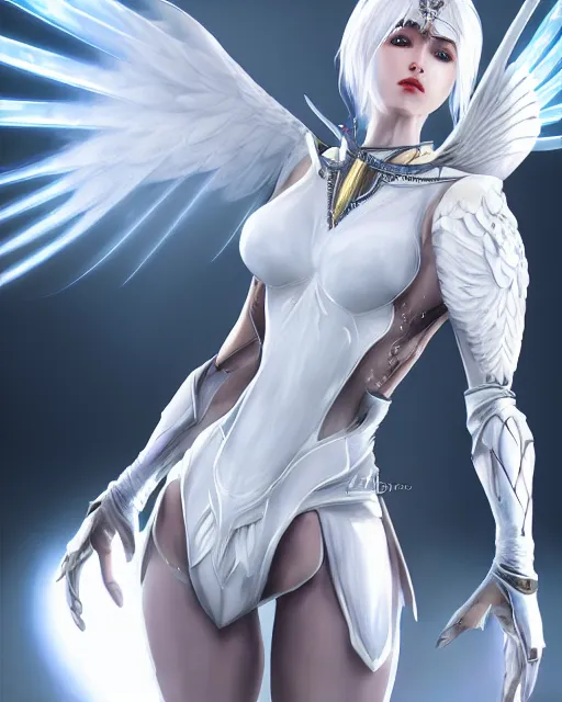 Image similar to perfect white haired attractive egyptian goddess with huge white dove wings, warframe armor, beautiful, symmetric, dreamy, half asian, pretty face, blue eyes, detailed, scifi platform, laboratory, experiment, 4 k, ultra realistic, epic lighting, android body, illuminated, cinematic, masterpiece, art by akihito tsukushi, voidstar