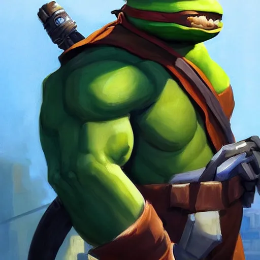 Image similar to greg manchess portrait painting of teenage mutant ninja turtles as overwatch character, medium shot, asymmetrical, profile picture, organic painting, sunny day, matte painting, bold shapes, hard edges, street art, trending on artstation, by huang guangjian and gil elvgren and sachin teng