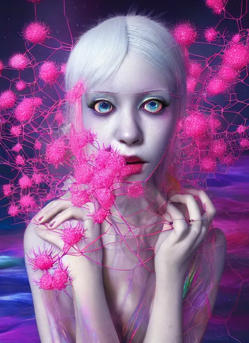 Image similar to hyper detailed 3d render like a Oil painting - kawaii portrait Aurora (white haired Singer Mantis) seen Eating of the Strangling network of yellowcake aerochrome and milky Fruit and Her delicate Hands hold of gossamer polyp blossoms bring iridescent fungal flowers whose spores black the foolish stars by Jacek Yerka, Mariusz Lewandowski, Houdini algorithmic generative render, Abstract brush strokes, Masterpiece, Edward Hopper and James Gilleard, Zdzislaw Beksinski, Mark Ryden, Wolfgang Lettl, hints of Yayoi Kasuma, octane render, 8k