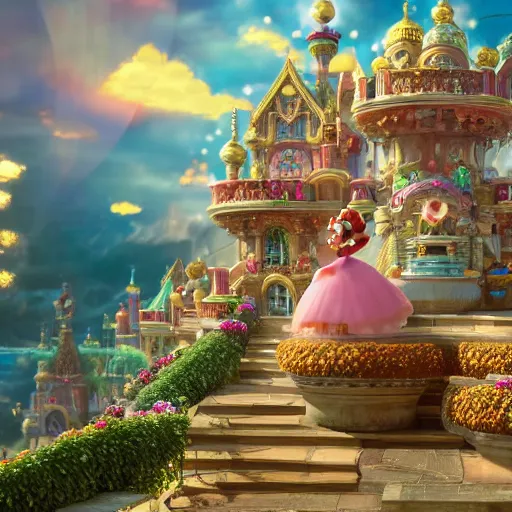 Prompt: mario and peach, fairy tale, stunning, surrounding cinematic light, hyper detailed, ornate and intricate, 4 k cinematic octane render