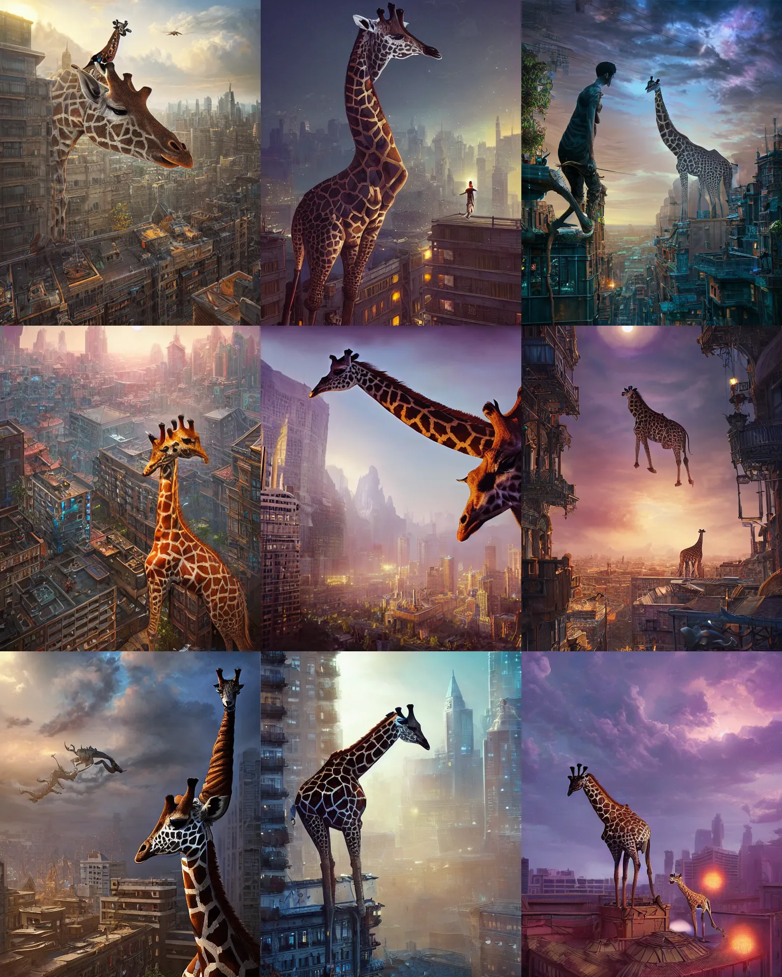 Image similar to rooftop occupied by a giraffe, fantasy, intricate, epic lighting, cinematic composition, hyper realistic, 8 k resolution, unreal engine 5, by artgerm, tooth wu, dan mumford, beeple, wlop, rossdraws, james jean, marc simonetti, artstation