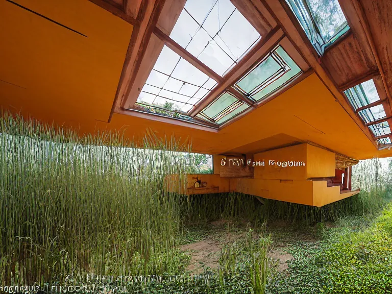 Prompt: hyperrealism colour design by frank lloyd wright and kenzo tange photography from 5 point of perspective of beautiful detailed small solarpunk house with many details in small detailed ukrainian village designed by taras shevchenko and wes anderson and caravaggio, wheat field behind the house, around the forest volumetric natural light