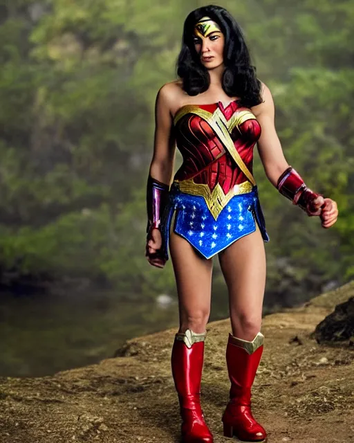 Image similar to photos of a Chimpanzee dressed as Wonder Woman. A chimpanzee wearing Wonder Woman’s outfit, Photography in the style of National Geographic, photorealistic