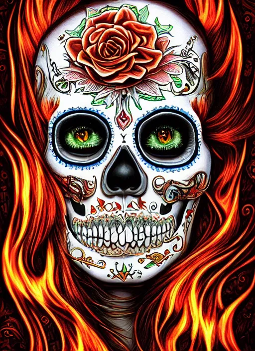 Image similar to portrait of a sugar skull, flaming eyes, intricate, highly detailed, smooth, digital illustration, the dark and quirky art of scott radke