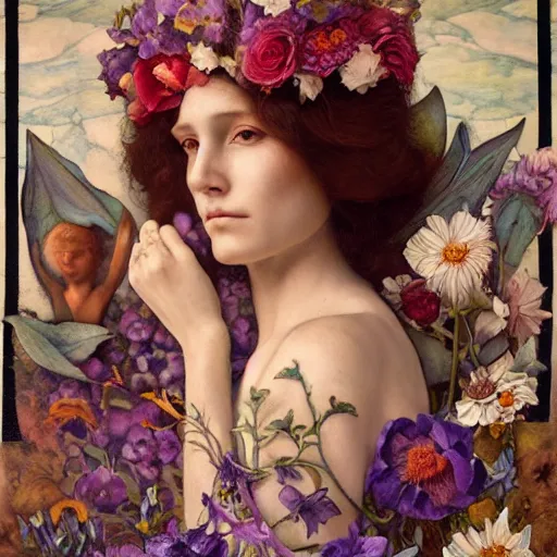 Image similar to flower queen, by annie swynnerton and tino rodriguez and charlie bowater and tom bagshaw and nicholas roerich and jean delville and evelyn de morgan and lucien freud, dramatic lighting, floral tattoos, rich colors, smooth sharp focus, extremely detailed, adolf wolfli