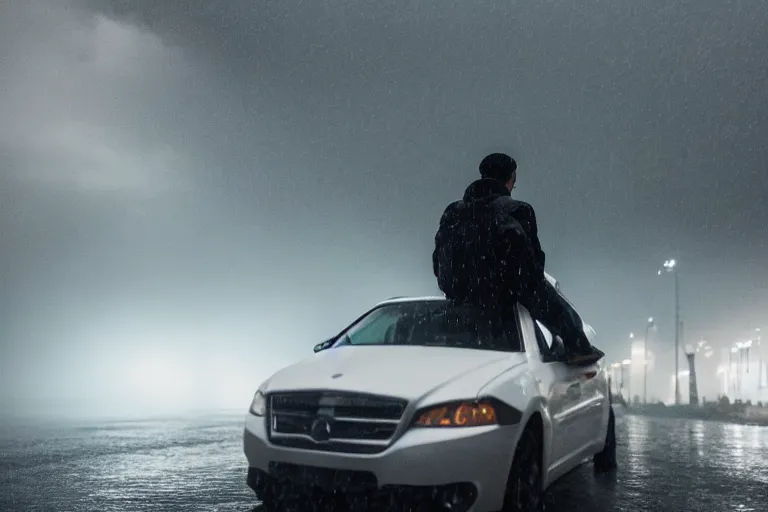 Image similar to Photo of a man sitting on the car roof in the heavy rain at the city that sank , outdoor lighting, dynamic lighting, volumetric, wide angle, anamorphic lens, go pro, 4k