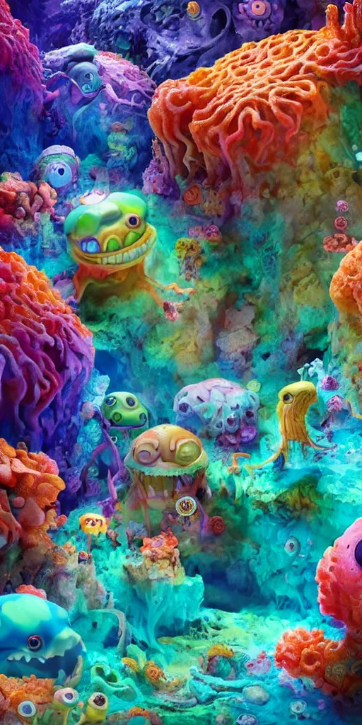 Image similar to of a colorful under water cave with strange cute friendly happy creatures with huge eyes, mouth, long tongue and round teeth appearing from sandy coral, in the style of gehry and gaudi, macro lens, shallow depth of field, ultra detailed, digital painting, trending artstation, concept art, illustration, cinematic lighting, photorealism, epic, octane render