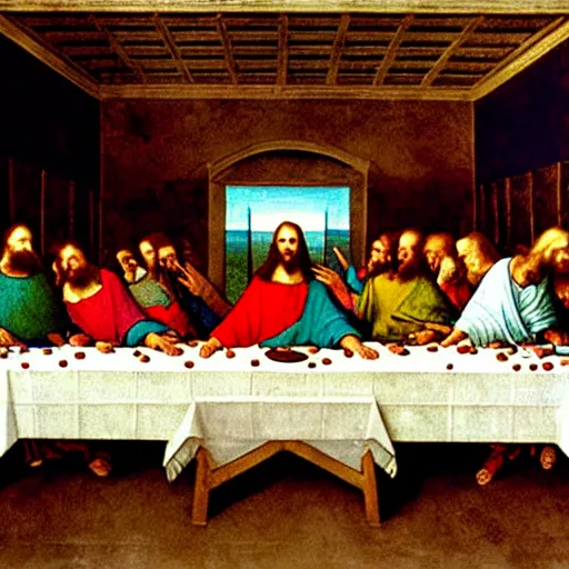 Prompt: painting of cate blanchett as Jesus in the last supper by Leonardo davinci