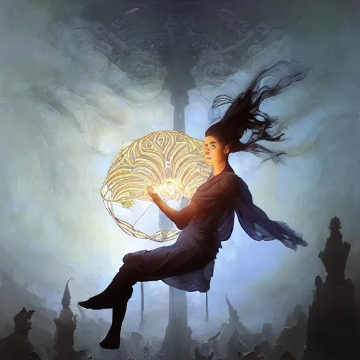 Image similar to an ancient glowing spellbook suspended in mid-air with intricate magic details suspended in air with the pages fluttering gently, glowing gas, intricate, elegant, digital painting, concept art, smooth, sharp focus, illustration, from Metal Gear, by Ruan Jia and Mandy Jurgens and Artgerm and William-Adolphe Bouguereau