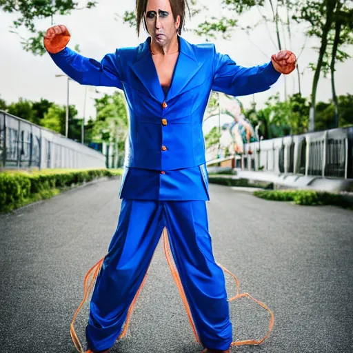 Image similar to nicholas cage wearing a goku from dragon ball z cosplay. photography. 4 k. photoshoot. full body.