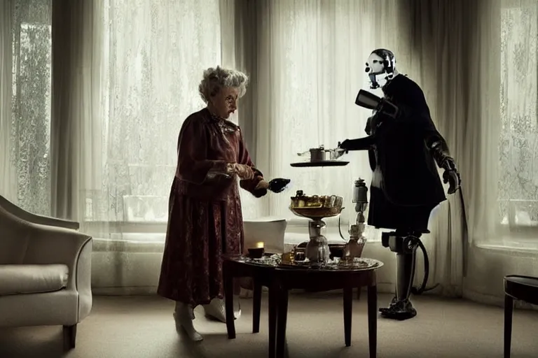 Image similar to VFX movie portrait of old woman served tea by a futuristic butler robot in a decadent living room by Emmanuel Lubezki