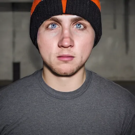 Prompt: close-up a 25 year old man wearing a black winter hat and a orange jail inmate tshirt, inside a underground facility, blue eyes, hideous, side lighting, Jan Kalous, D-55240