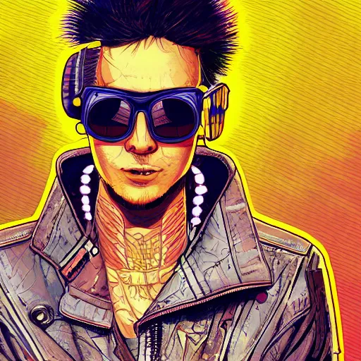 Prompt: hyper detailed comic illustration of a cyberpunk hacker wearing a futuristic sunglasses and a leather motorbike jacket, markings on his face, by Moebius intricate details, vibrant, solid background, low angle fish eye lens