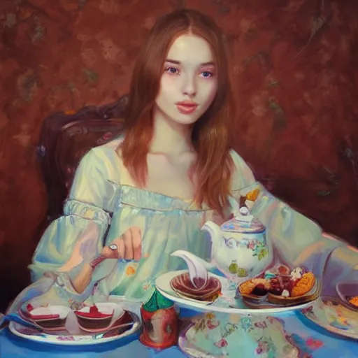 Image similar to “beautiful girl at a tea party, oil painting, realism, hyper detailed, trending on Artstation”