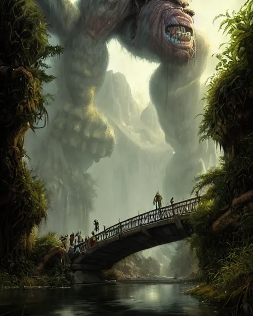 Prompt: giant monstrous troll under a tiny bridge | | terrifying, realistic shaded, fine details, realistic shaded lighting poster by greg rutkowski, diego gisbert llorens, magali villeneuve, artgerm, jeremy lipkin and rob rey