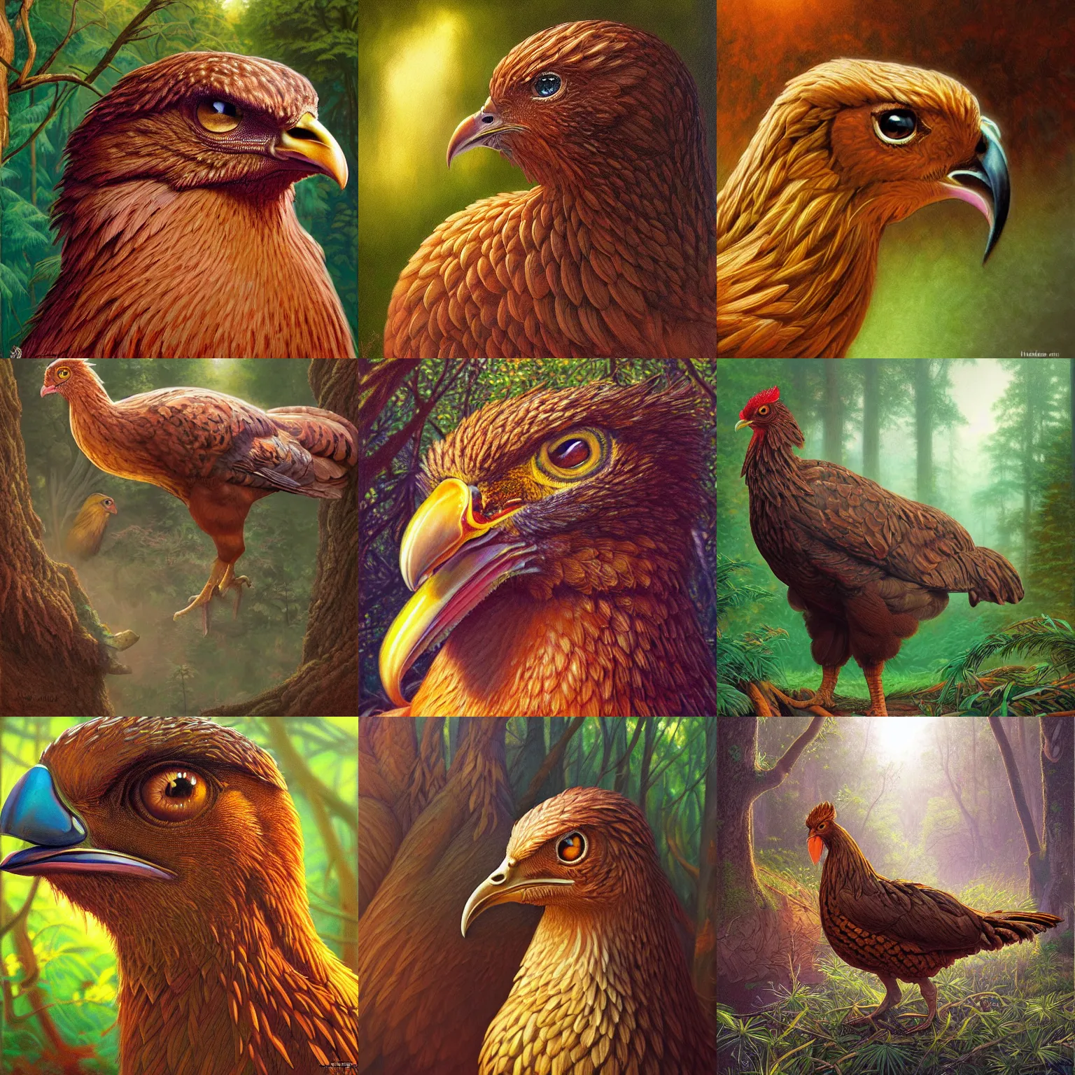 Prompt: a brown chicken, portrait, high detail, digital painting, concept art, sharp focus, artgerm, masterpiece, tim hildebrandt, vivid colors, blurred forest background