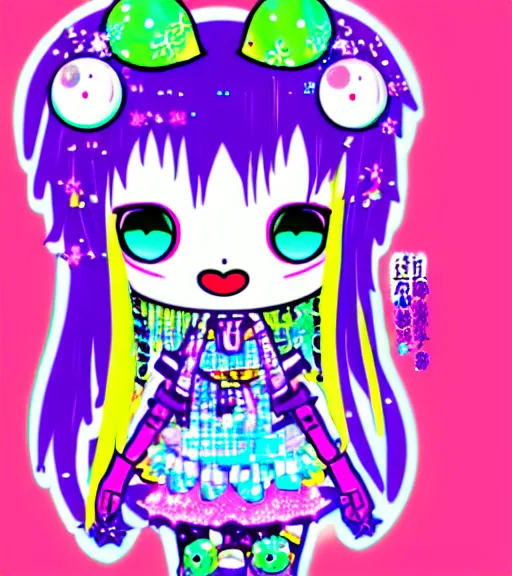 Image similar to cybergoth decora glitchcore yokai girl, sanrio tamagotchi moe ornaments, pastel cute cinematography