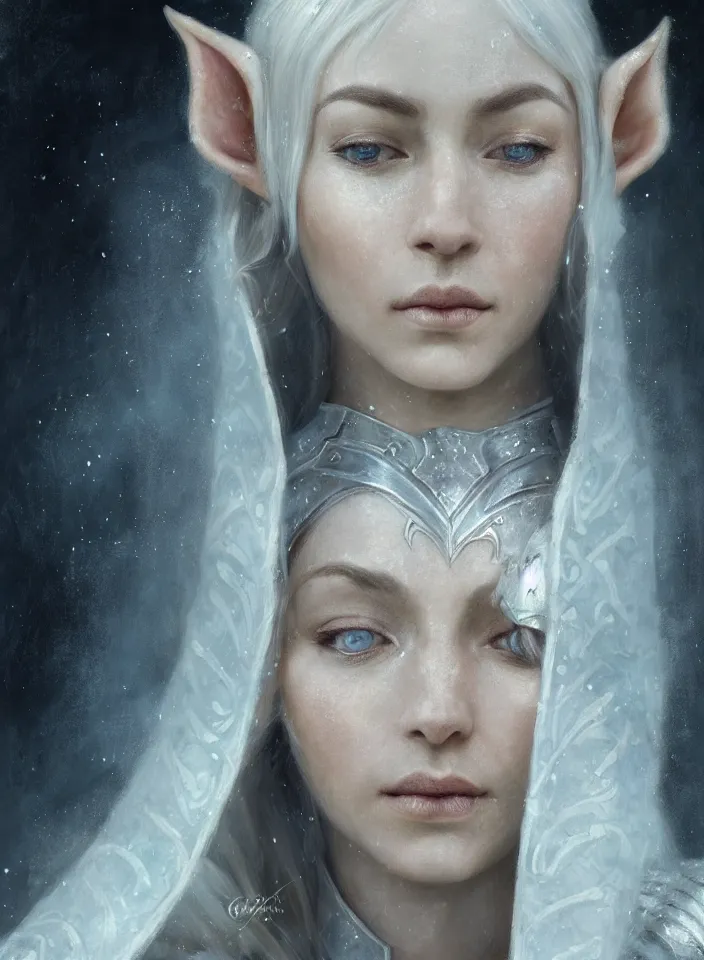 Prompt: a closeup portrait of an elven queen from skyrim wearing white mithril armor, fantasy setting, cold environment, serene colors, soft lighting, atmospheric, cinematic, moody, in the style of diego koi, gina heyer, luiz escanuela, art by alyssa monk, depth, hyperrealism, rule of thirds, golden ratio, oil on canvas, 8 k