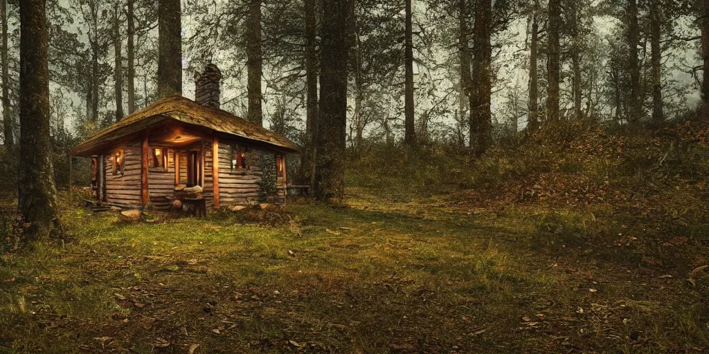 Image similar to a close up of a single cottage in the woods and empty woods, 8k, fantasy, realistic, atmospheric lighting