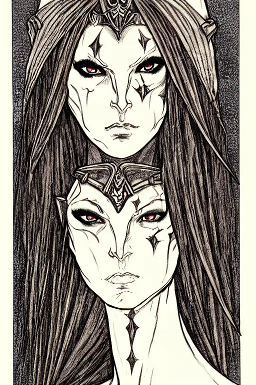 Prompt: head and shoulders portrait of an eldritch knight, drow, dark elf, shadar kai, female, breastplate, magical, high fantasy, d & d, by beardsley, face details, extremely detailed, vogue fashion photo