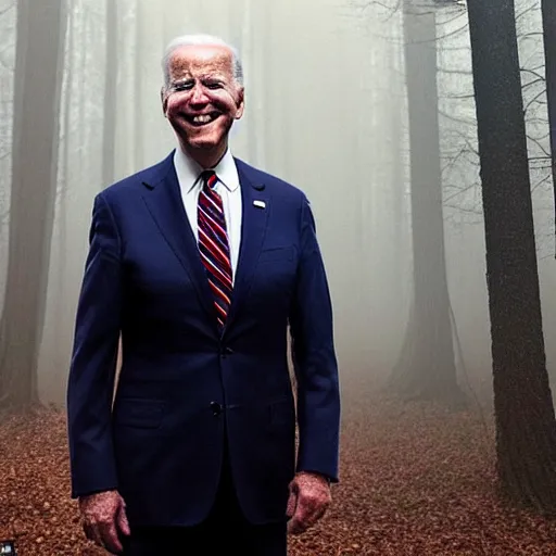 Image similar to joe biden with 4 arms standing ominously far in the foggy woods with a demonic wide smile in his face in the new horror movie, creepy