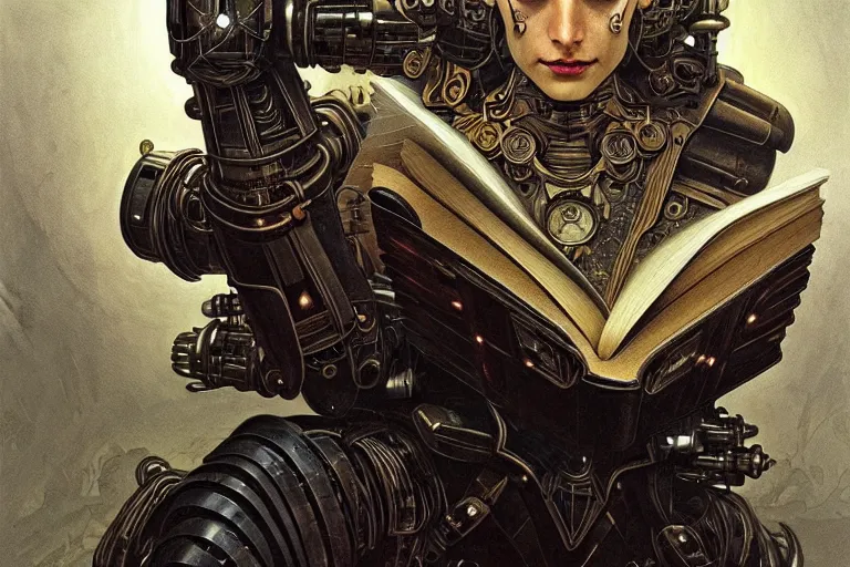 Prompt: a cyborg reading from an old book with a leather cover, fantasy, sci-fi, intricate, elegant, dramatic lighting, highly detailed, lifelike, photorealistic, digital painting, artstation, concept art, smooth, sharp focus, illustration, art by John Blanche and Paul Dainton and Darren Tan and Pierre Loyvet and Alphonse Mucha