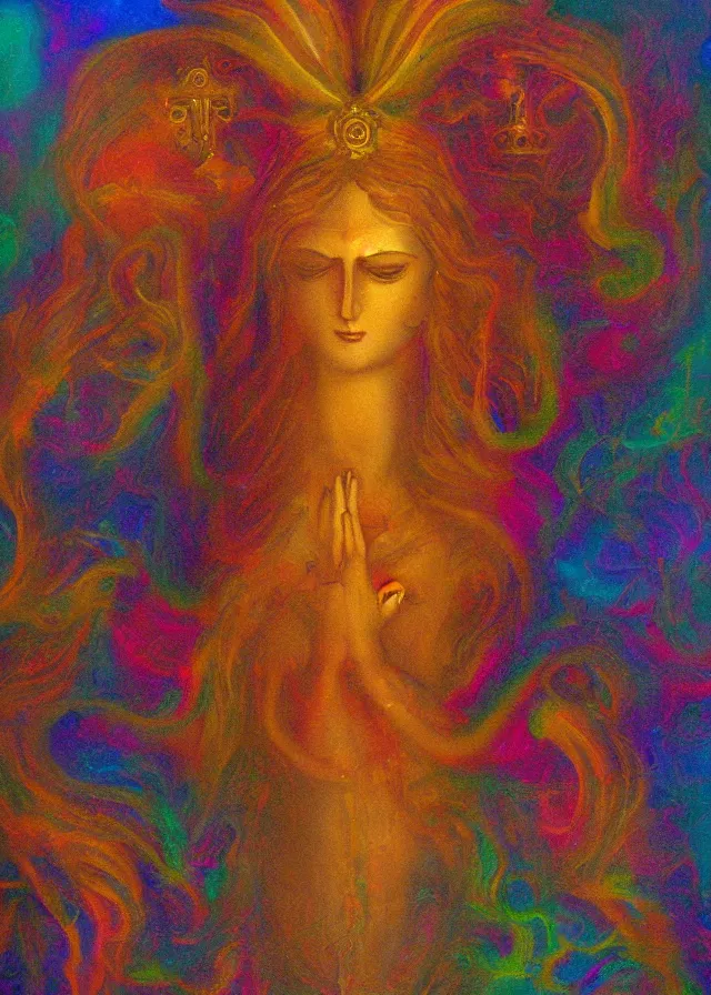 Prompt: holy deva of the golden mythos beloved (dreamy) gnostic fog, award winning oil painting, chromatic aberration sharp colors
