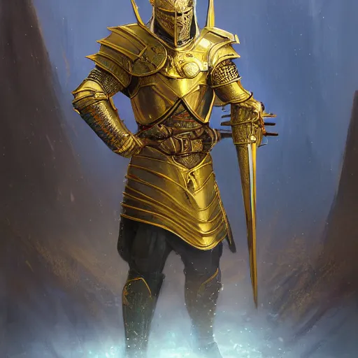 Prompt: portrait of a human male paladin wearing plate armour of gold and blue. oath of glory. fantasy concept art. moody epic painting by james gurney, greg rutkowski, charlie bowater, giger, maxim verehin and alphonso mucha. artstationhq. painting with vivid color. ( dragon age, witcher 3, lotr )