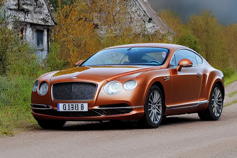 Prompt: modern rusty rusty Bentley Continental GT drives along the road of an old Russian village with houses at the edges