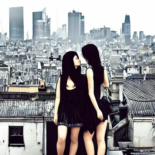 Image similar to “ two goth girls on city rooftop gorgeous, metropolitan city, detailed ”