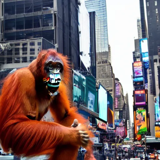 Image similar to a picture of a orangutan swinging in nyc times square, photorealistic