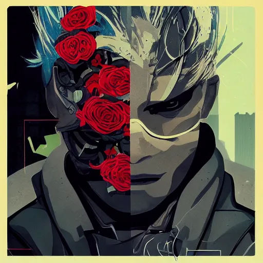 Image similar to Raiden from MGS4 profile picture by Sachin Teng, asymmetrical, Organic Painting , Mask off, Violent, Dark, Roses Background, Snake, Powerful, geometric shapes, hard edges, energetic, graffiti, street art:2 by Sachin Teng:4