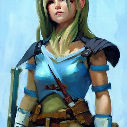 Image similar to greg manchess portrait painting of partially armored female link from legend of zelda as overwatch character, medium shot, asymmetrical, profile picture, organic painting, sunny day, matte painting, bold shapes, hard edges, street art, trending on artstation, by huang guangjian and gil elvgren and sachin teng