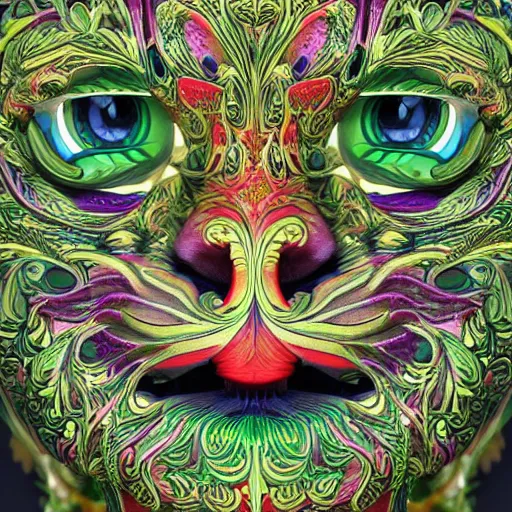 Image similar to beautiful colourful highly detailed incredibly ornate decorative cat face green man 3 d sculplture by walter crane and william morris and kilian eng, closeup, twisting leaves, tiny fine flowing lines, abstract psychedelic, 8 k, artstation