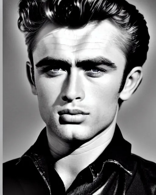 Image similar to genetic cross between james dean and sean connery : : handsome young man with pompadour, sideburns, and slight mullet : : sharp cheekbones, dimpled cheeks and chin, soulful blue eyes, stern lips : : professional color photograph, dynamic lighting, highly detailed