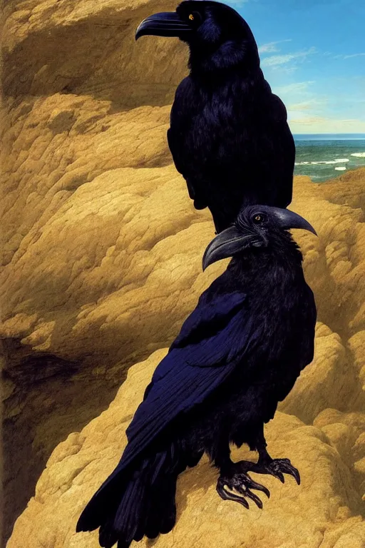 Image similar to a breathtakingly stunningly beautifully highly detailed extreme close up portrait of a raven under a rock arch, epic coves crashing waves plants, beautiful clear harmonious composition, dynamically shot, wonderful strikingly beautiful dynamic epic sunset, detailed organic textures, by frederic leighton and rosetti and turner and eugene von guerard, 4 k