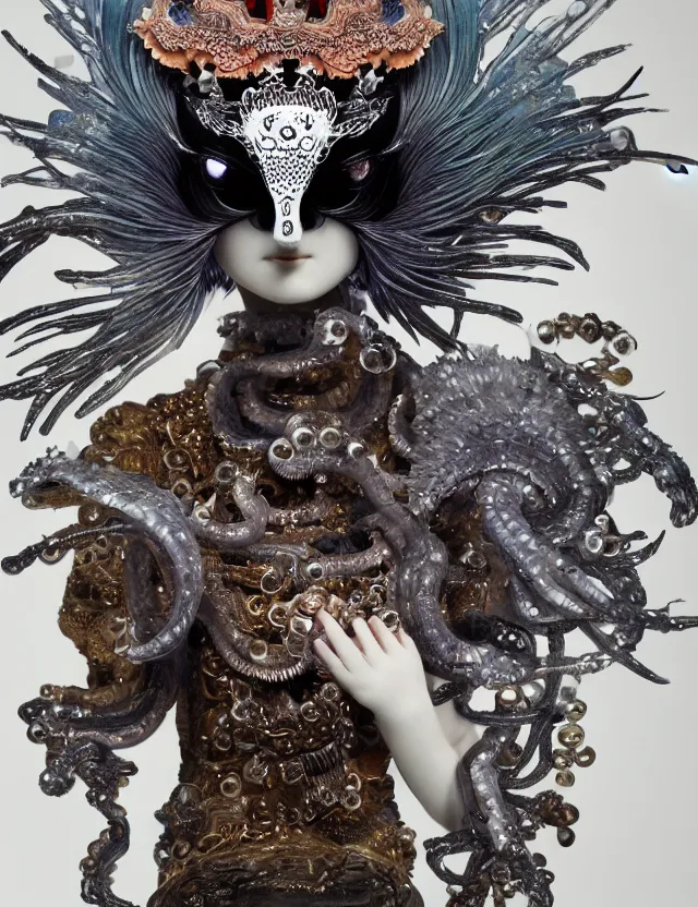 Image similar to goddess macro close - up portrait wigh crown made of ram skull. beautiful intricately detailed japanese crow kitsune mask and clasical japanese kimono. betta fish, jellyfish phoenix, bioluminiscent, plasma, ice, water, wind, creature, super intricate ornaments artwork by tooth wu and wlop and beeple and greg rutkowski