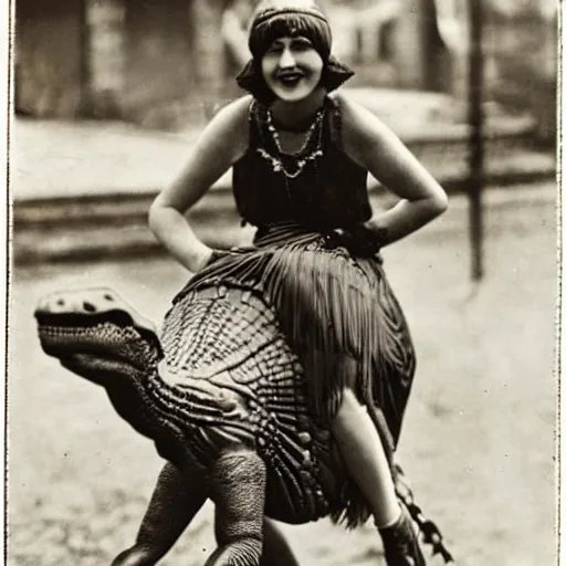 Image similar to 1920s flapper girl riding a dinosaur to the market, colorized