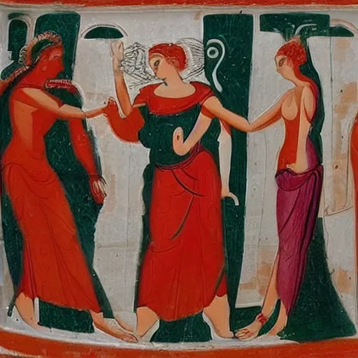 Image similar to red and black greek pottery showing hera scolding aphrodite and artemis for posting divine secrets on twitter