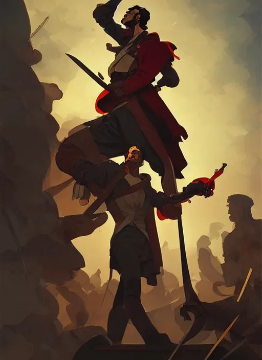 Prompt: french revolutionary raising his sword, glorious, heroic, in the style of artgerm, gerald brom, atey ghailan and mike mignola, vibrant colors and hard shadows and strong rim light, plain background, comic cover art, trending on artstation