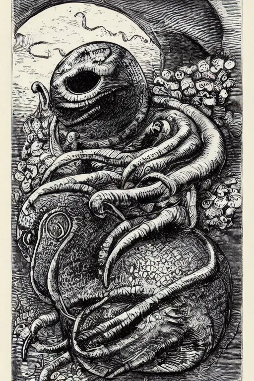 Prompt: 19th century wood-engraving of a strange creature called Kirby , whole page illustration from Jules Verne book titled Kirby and the Forgotten Land, art by Édouard Riou Jules Férat and Henri de Montaut, portrait, high quality, beautiful, highly detailed, removed watermarks