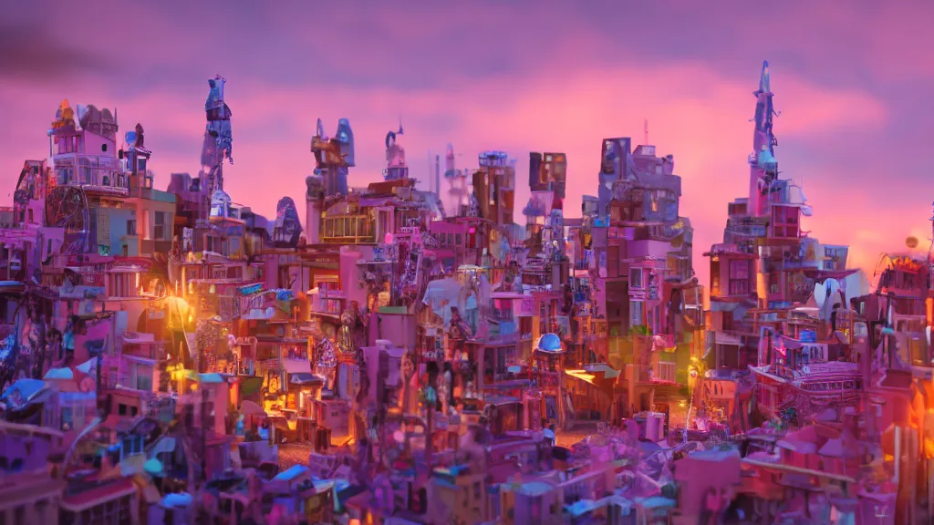 Prompt: a beautiful photograph of barbies city, sunset lighting, rim light, hyper realistic, 1 0 5 mm, cinematic frame