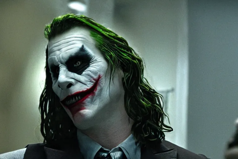 Prompt: cinematic shot of Christian Bale playing the Joker in Dark Knight