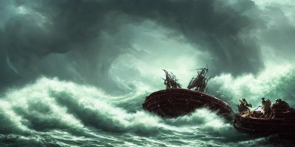 Prompt: Kraken attacking a pirate vessel as it sails on wild ocean waters during a thunderstorm, crashing waves, 4k, cozy wallpaper, trending on Artstation, award-winning, art by Greg Rutkowski, by Dan Mumford