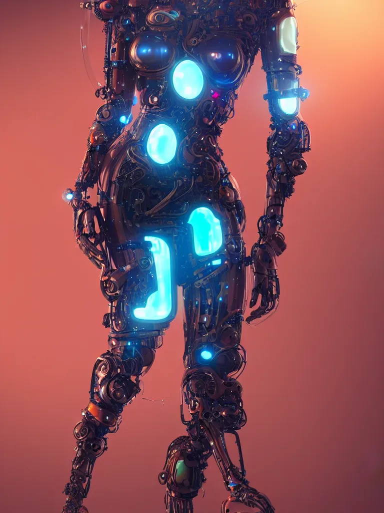 Image similar to full lenght shot woman in biomechanical dress, inflateble shapes, wearing epic bionic cyborg implants of different colors, masterpiece, intricate, biopunk futuristic wardrobe, highly detailed, artstation, concept art, background galaxy, cyberpunk, octane render