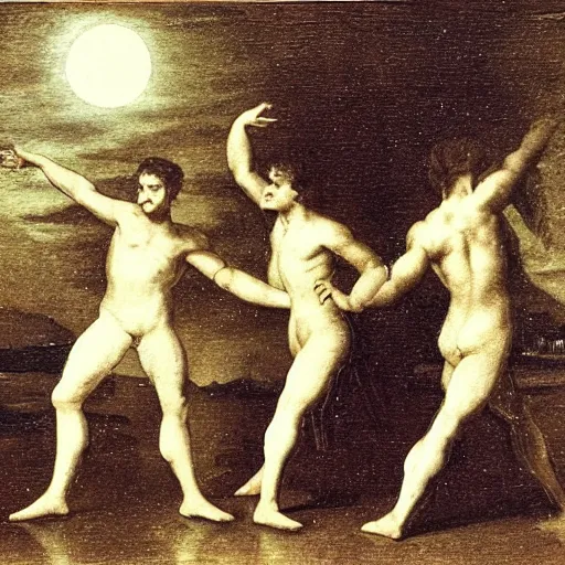 Image similar to Pietro Pacciani, Giancarlo Lotti and Mario Vanni dancing in the moonlight