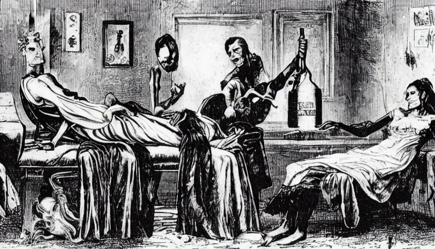 Prompt: a mad doctor does a blood transfusion on a female frankenstein.