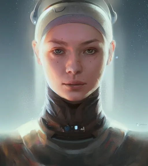 Image similar to portrait of 🍑 from the tomorrow people by greg rutkowski, she is about 3 0 years old, slavic, pretty, blond hair with two strans around her face, she is wearing a futuristic space gear, highly detailed portrait, digital painting, artstation, concept art, smooth, sharp foccus ilustration, artstation hq.