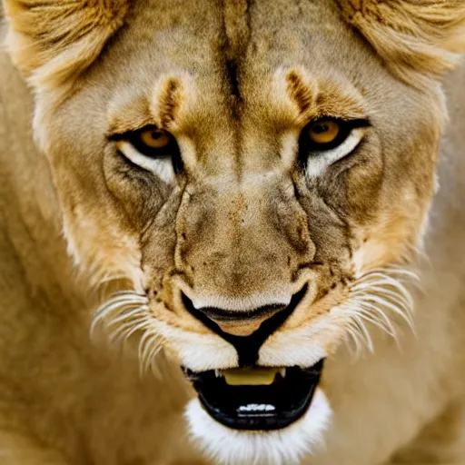 Prompt: a lioness, looking intensely at the camera, licking her mouth, 4 k, nature photograph