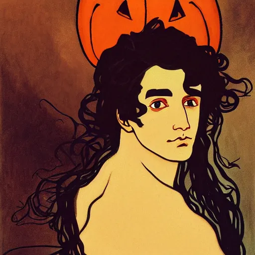 Image similar to painting of young cute handsome beautiful dark medium wavy hair man in his 2 0 s named shadow taehyung at the halloween pumpkin jack o'lantern party, depressed, melancholy, autumn, japan, elegant, clear, painting, stylized, delicate, soft facial features, delicate facial features, soft art, art by alphonse mucha, vincent van gogh, egon schiele